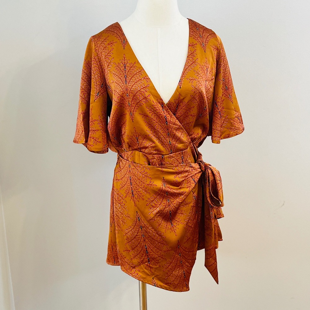 Hello Molly Mustard Orange Satin Palm Print Wrap Romper Size 6 US M AU 10